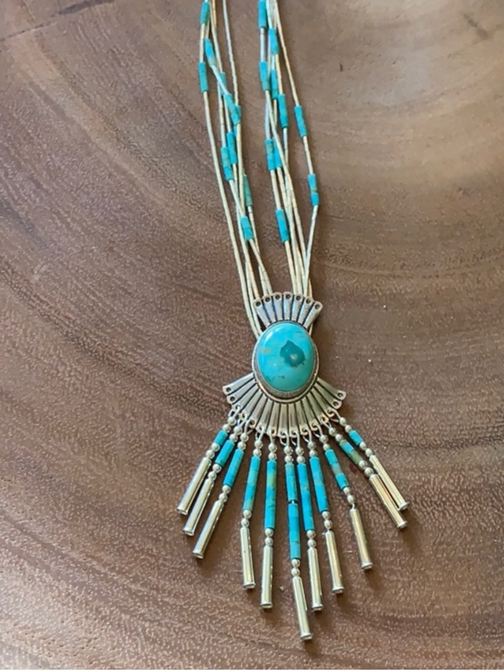 Genuine Turquoise and Sterling Liquid Silver Fringe Pendant Necklace